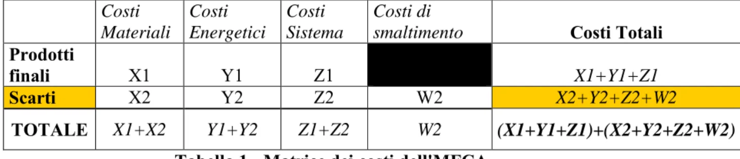 Tabella 1 - Matrice dei costi dell'MFCA 
