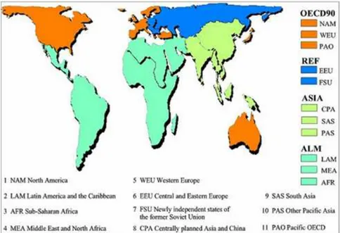 Figura 2: Suddivisione del mondo in 11 regioni (IIASA), raggruppate poi nelle 4 macro- macro-regioni considerate dall’IPCC [1]