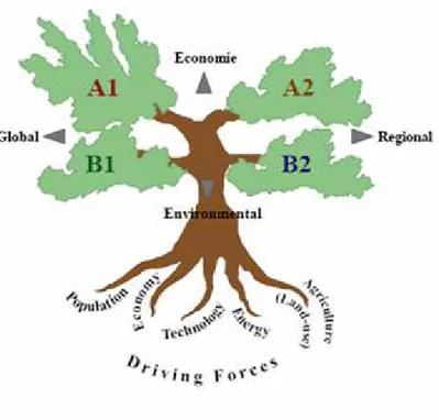 Figura 3: Illustrazione schematica degli scenari SRES: le 4 famiglie vs. driving forces [1]