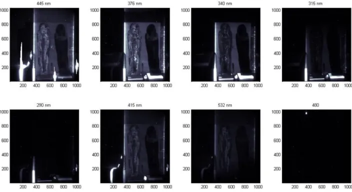 Figura 4. Immagini FORLAB del sarcofago, interno valva inferiore - esterno valva superiore, filtrate alle 8 diverse bande