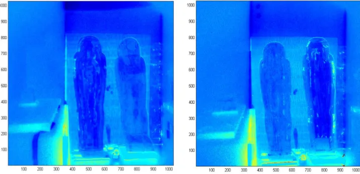 Figura 6. Immagini FORLAB in fluorescenza del sarcofago, interno valva inferiore - esterno valva superiore a sinistra e esterno valva  inferiore - interno valva superiore a destra, ottenute dal rapporto delle rispettive immagini in fluorescenza filtrate a 