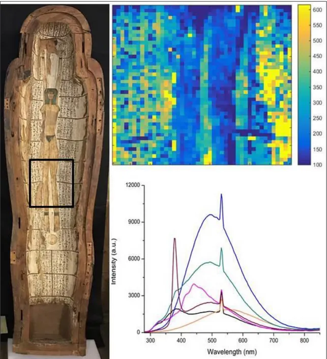 Figura  8.  Area  interna  del  sarcofago  analizzata  con  il  sistema  LIF  a  scansione  di  punto  (a  sinistra  circoscritta  in  nero);  relativa  immagine di fluorescenza filtrata a 340 nm (destra in alto) e spettri di fluorescenza sull’intero range