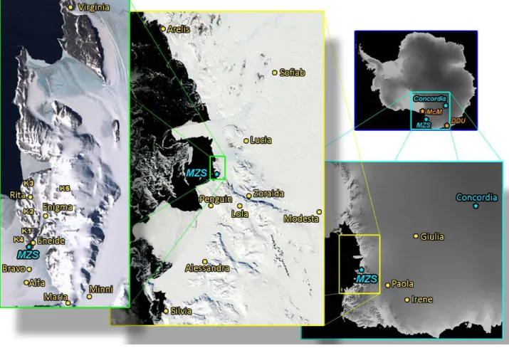 Figura 1.  Immagini satellitari raffiguranti  il continente antartico, la Terra Victoria e la  Terra di  Wilkes, la regione di Baia Terra Nova e un particolare dell’area circostante la Base Mario Zucchelli  con le stazioni meteorologiche automatiche gestit