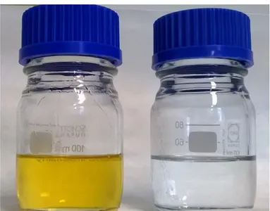 Figura 4: Precursore (disciolto in acqua) prima (giallo) e dopo (incolore) processo di purificazione