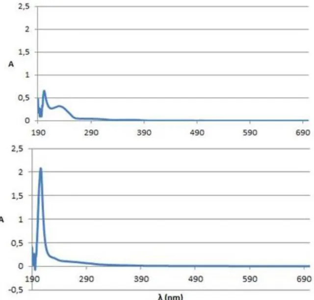 Figura 9: Spettro UV-Vis dei liquidi ionici PYR 13 TFSI  (alto) e PYR 13 IM 14  (basso).