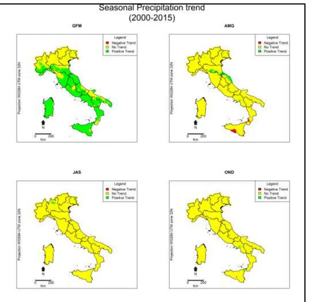 Figure S2. Seasonal cumulated precipitation  trends from the year 2000 to 2015, according to MK significance test (p-value&lt;0.05) 