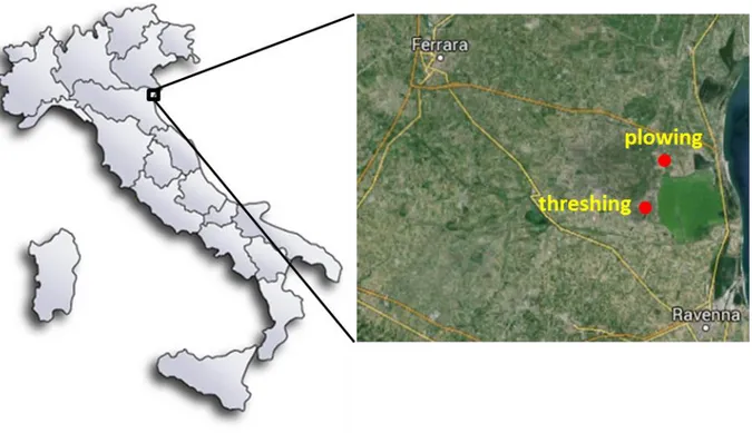 Figure 1: Sampling fields for ploughing and harvest threshing (red points). White points indicate the two main cities (Ferrara and 