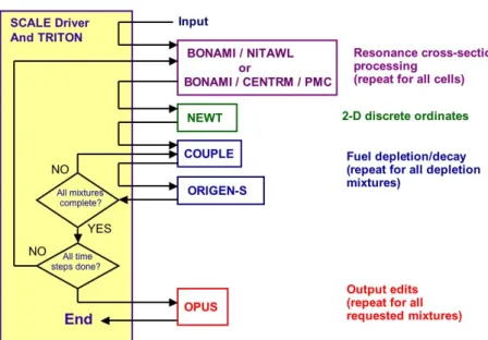 Figura 2: Diagramma di flusso della sequenza TRITON t-depl per i calcoli di bruciamento.(