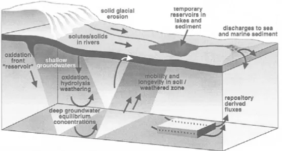 Figura  1  –  I  Flussi  naturali  geochimici  possono  avvenire  nello  stesso  sistema,  nello  stesso  intervallo  temporale  e  indotti    dagli  stessi  processi  che  possono  causare  rilascio  di  radionuclidi  da  un  deposito