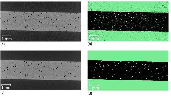 Figura 8: Slice tomografiche e processi di segmentazione prima (a,b) e dopo (c,d) l’applicazione del filtro ADF 