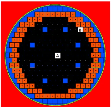 Figure 3. ELSY core and FA where the calculations have been performed  (A in the centre of the core; B in the periphery of the core)