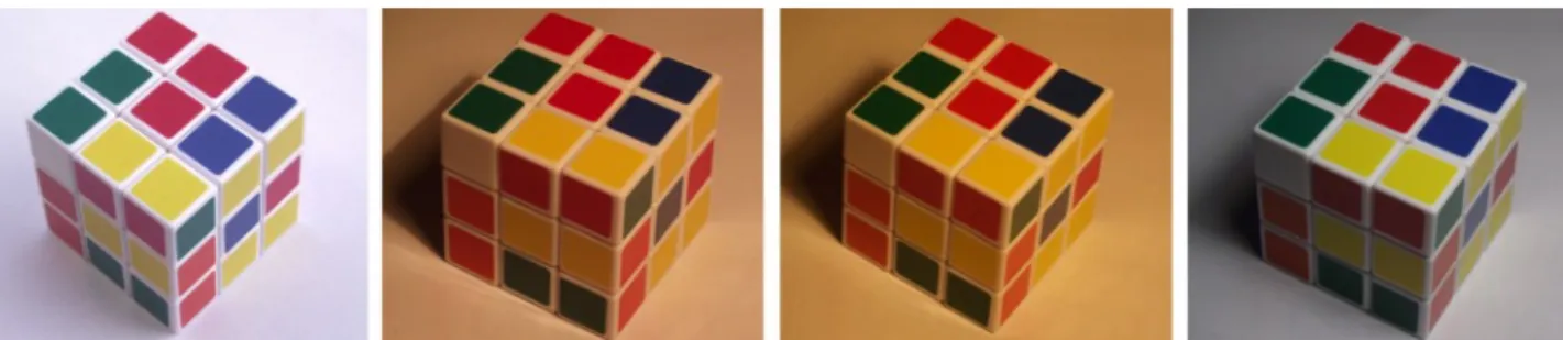 Figura 2. Un cubo di Rubik   e il tavolo sullo sfondo   fotografato in diverse condizioni di illuminazione, eliminando l’automatismo  del bilanciamento dei colori della fotocamera