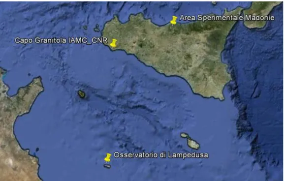 Figura 1. Il Mediterraneo centrale con la localizzazione del centro di Capo Granitola, dell’Osservatorio Climatico di  Lampedusa, e della stazione osservativa delle Madonie