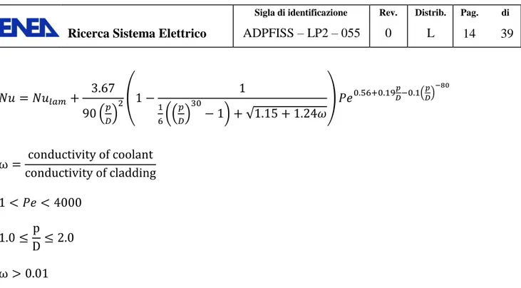 Figure 2: Nusselt number dependence on Peclet number and on pitch parameters for liquid pure  lead in a triangular lattice (far from spacers) according to simplified Ushakov correlation