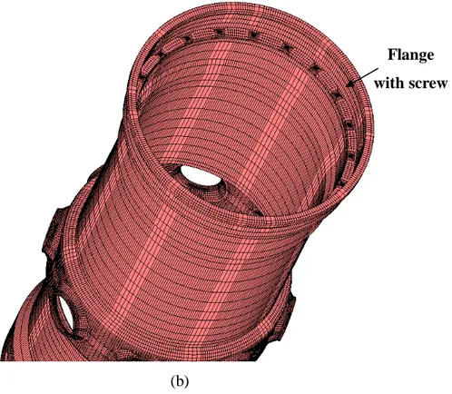 Figure 8 – Details of the FEM model of the inner vessel: bottom part with lower late and diagrid (a)  and upper part with flange for the positioning of upper grid (b)