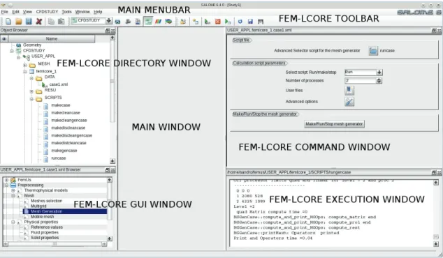 Figure 1.11: FEM-LCORE graphical interface panels: FEM-LCORE directory, ex- ex-ecution, gui and command window