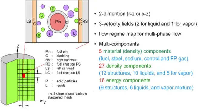 Figure 1.2: Multi-phase, multi-component fluid-dynamics model in SIMMER-III. 