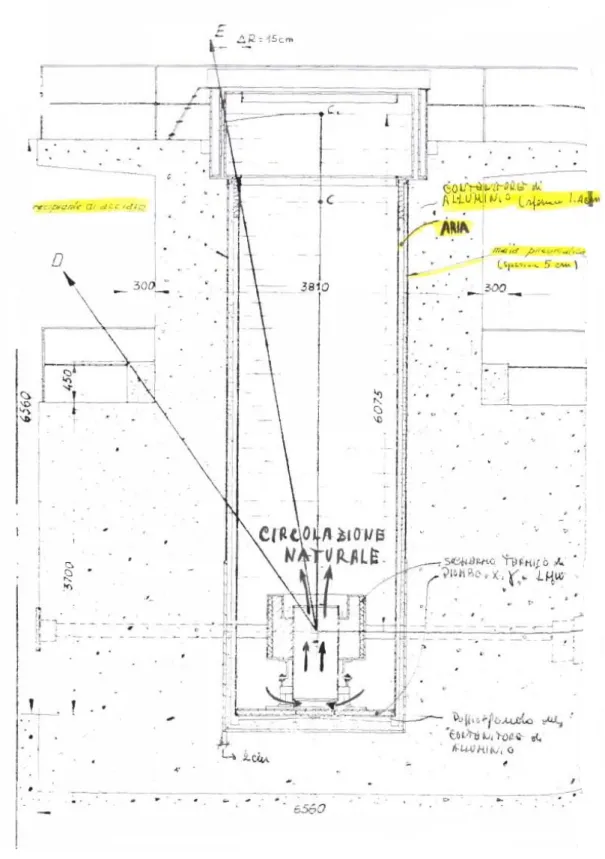 Figura	
  23.  Spaccato	
  	
  del	
  	
  pozzo	
  	
  del	
  reattore	
  TRIGA-­‐RC1	
  	
  :	
  disegno	
  dal	
  Rapporto	
  di	
  Sicurezza	
  del	
  Triga	
  