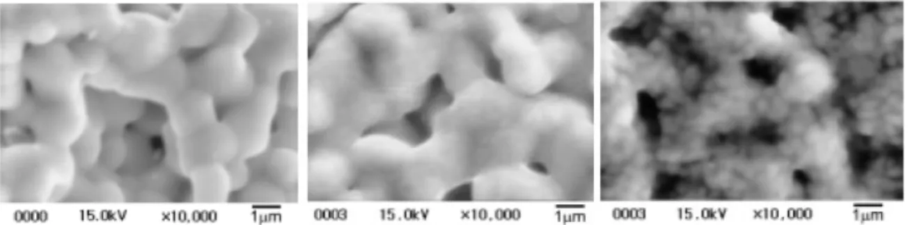 Figura 4. Fotografie al microscopio elettronico di fibre di yttria prima (a sinistra), dopo  intrappolamento a 950°C (nel centro), e dopo intrappolamento a 1100°C (a destra) di ossidi 