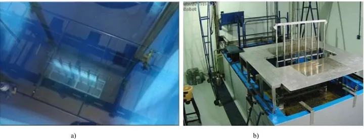 Figure 2 - a) Calliope rack with  60 Co sources (pool view); b) irradiation cell with  60 Co sources rack and the platform for sample 