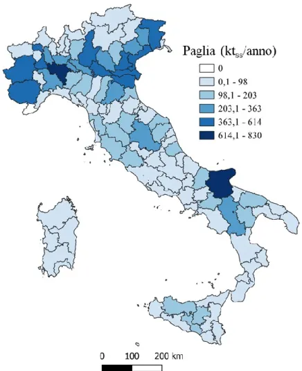 Figura 1: La figura mostra il potenziale teorico per le paglie (kt ss /anno), su scala provinciale, per l’anno 2018.