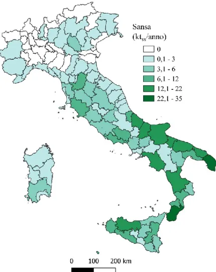 Figura 4: Potenziale teorico per la sansa (kt ss /anno), su scala provinciale, per l’anno 2018