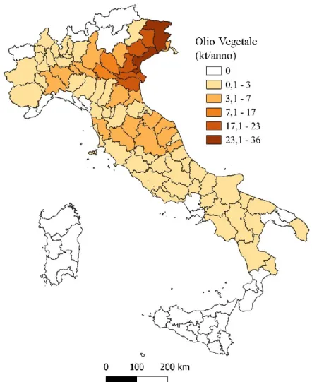 Figura 8: Potenziale teorico di olio vegetale (kt/anno), su scala provinciale, per l’anno 2018.