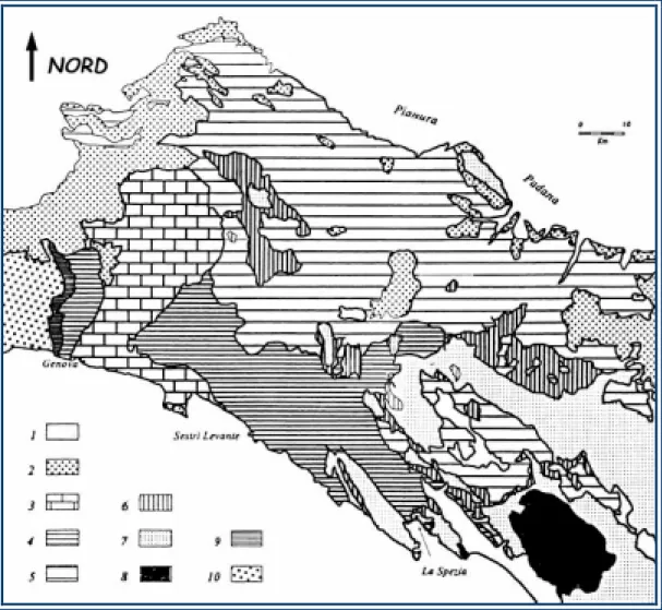Fig. 1: schema geologico dell’Appennino Settentrionale (settore nord). 1 depositi Plio-quaternari della 