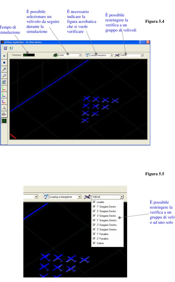 Figura 5.4  Figura 5.5 È possibile selezionare un velivolo da seguire durante la simulazione È necessario indicare la figura acrobatica che si vuole verificare È possibile restringere la verifica a un gruppo di velivoli  È possibile  restringere la  verifi