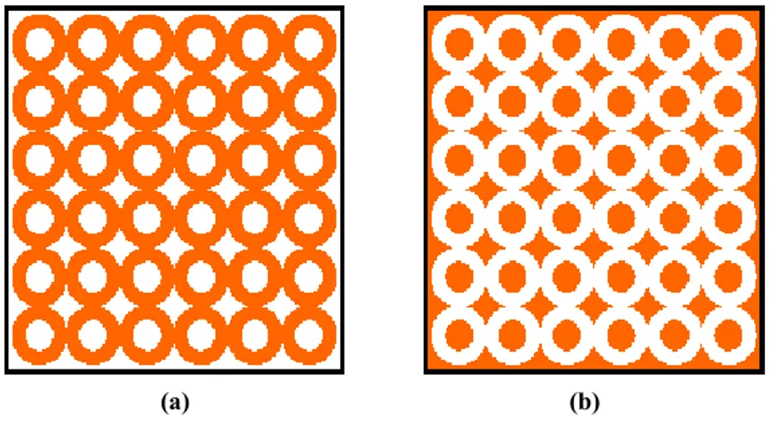 Fig 1.2 Nella figura è rappresentata la configurazione ottenuta con anelli metallici che presentano un  comportamento elimina-banda (a) e quella a dominio duplicemente connesso che funziona da passa-banda 