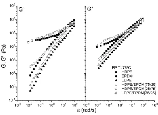 Figura 3-6: G’ , G’’ a 75°C, 5% polimero 