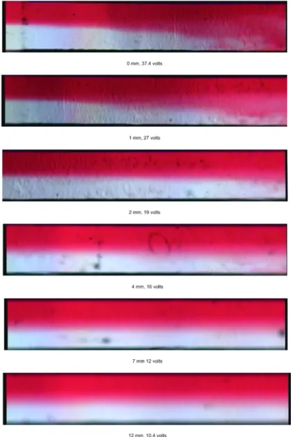 Figure 3.7: Pictures of the channel; the first value represent the distance downstream from the start of the electrodes, the second the voltage applied.