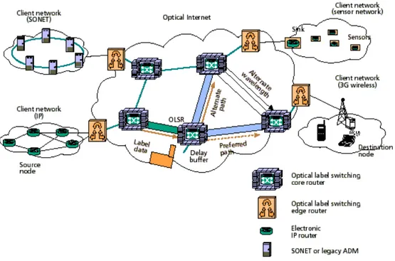 Figure 1.1: The next-generation Internet: an optical label switching core network interfaces with various types of client networks.