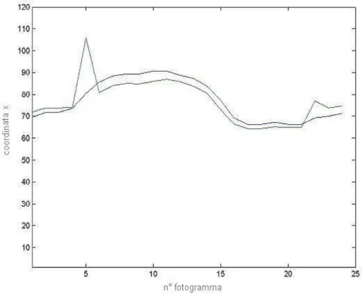 Fig 6- 6   Confronto della procedura di registrazione mediante cross-correlation al variare delle dimensioni  dell’area selazionata: sono riportati in figura i grafici relativi alla procedura ottimizzata (in pratica una parte  della fig