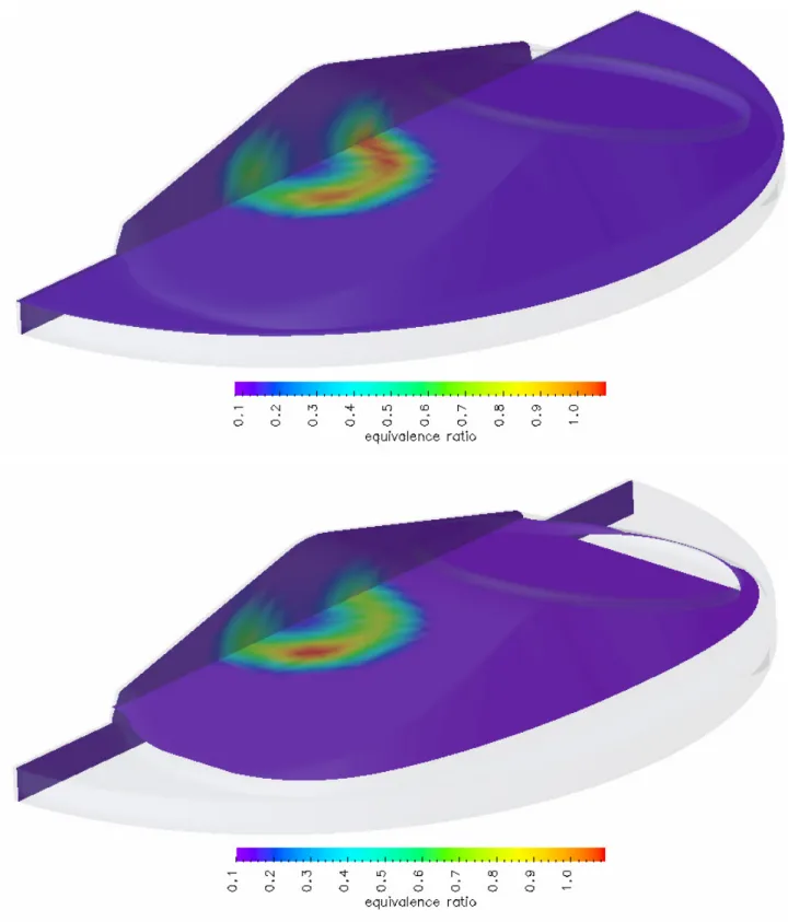 Fig. 10.17 - In alto la mappa del rapporto di equivalenza relativa all’iniezione a 330°  dopo il PMS, calcolata sul piano di simmetria e sul piano distante 6.30 mm  rispetto al PMI