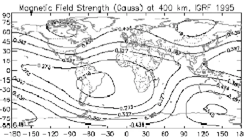 Figura 1.21: Intensit`a del campo geomagnetico a 400 km di quota secondo il modello IGRF-95