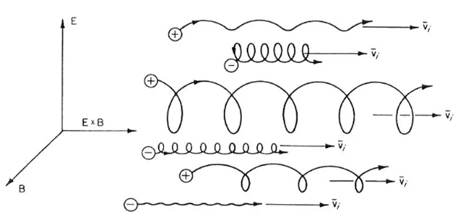 Figura 3.4 Rappresentazione schematica della velocità di deriva di ioni ed elettroni in presenza di  un campo elettrico e magnetico ortogonali e gas non collisionale 