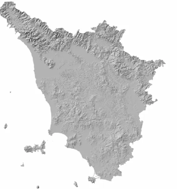 Figura 2.18 (fornito da IGG-CNR di Pisa). Immagine del DEM per la Toscana. Il  DEM è ricampionato con passo 40 m