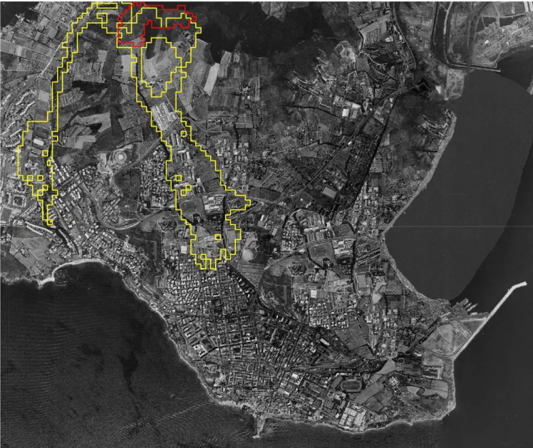 Figura 5.5 Flusso (id 14) sovrapposto a foto AIMA relativa alla città di Piombino; se esso si  verificasse interesserebbe zone densamente popolate 