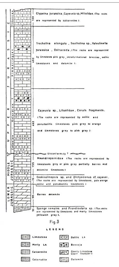 Fig. 5 – Sezione stratigrafica  della serie Morrone di  Pacentro (da Raffi e Forti,  1959).