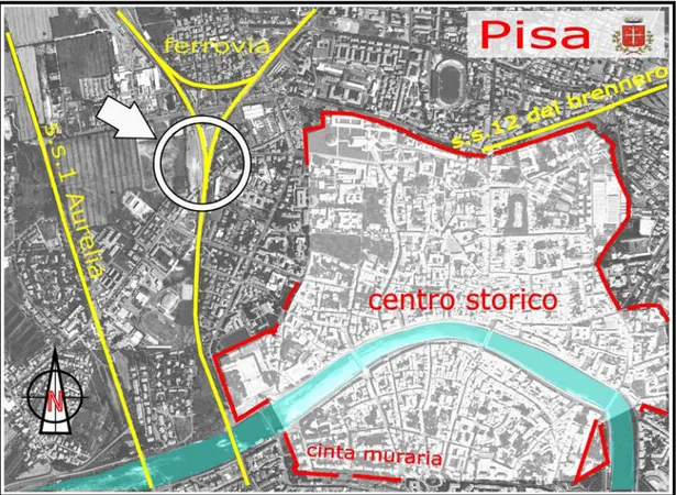 Figura 1-1. Foto aerea di Pisa con indicazione delle strade statali e della ferrovia 