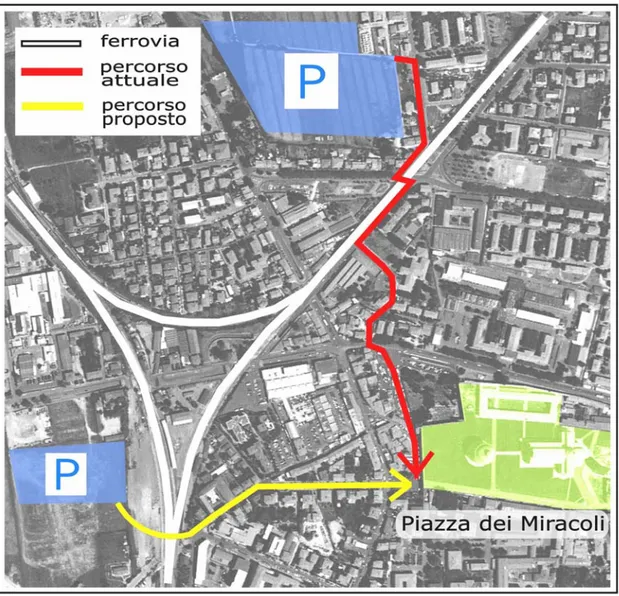 Figura 1-4. Foto aerea con indicazione dei due percorsi analizzati verso Piazza dei Miracoli 