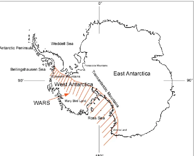 Figura 2  Mappa del continente antartico con le principali località geografiche citate nel testo
