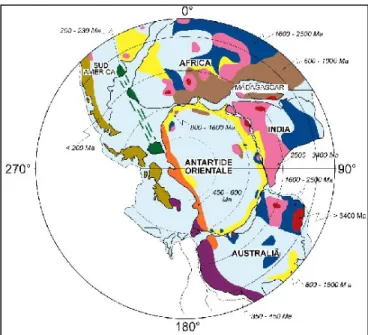 Fig. 3  Il supercontinente Gondwana. La figura evidenzia in modo  schematico i nuclei archeani (&gt;2500 Ma) e quelli proterozoici  (2500-600 Ma); le fasce orogeniche di Ross (450-(2500-600 Ma), di Ellsworth  (200-230 Ma) ed Andina (200-65 Ma)