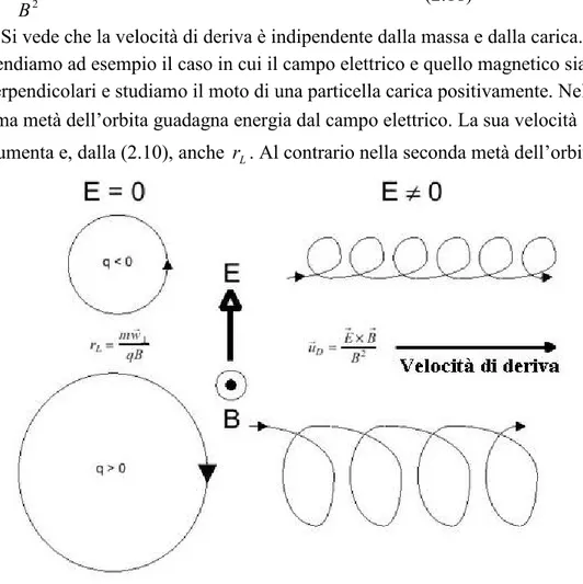 Figura 2.1 - Raggio di Larmor e velocità di deriva definita per particelle di carica negativa  e positiva 