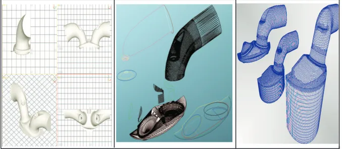 Figura 1: Fasi della preparazione del modello: elaborazione in ambiente CAD (sinistra), mesh superficiali e ottenimento degli spigoli in ambiente C.F.D