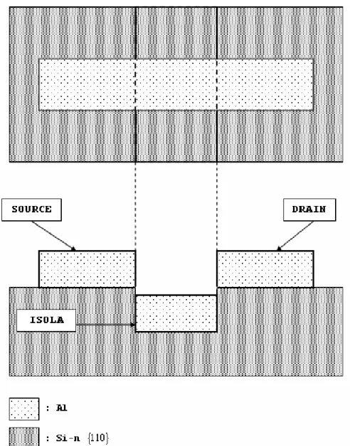 Fig. 1: Rappresentazione schematica della doppia giunzione tunnel SECO realizzata con il processo wet: vista in sezione ed  in pianta