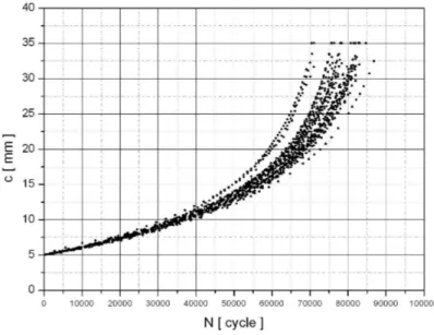 Figura 5.6: Curve di propagazione sperimentali per valori della lunghezza della cricca interni all’intervallo analizzato.
