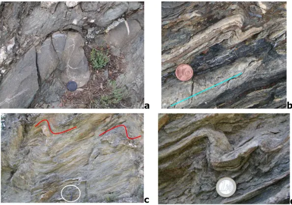 Fig.  5.19:  Formazione  d’Erbajolo.  a:  Piega  F3  asimmetrica  definita  da  uno  strato  metacalcareo,  b:  relazioni  fra 