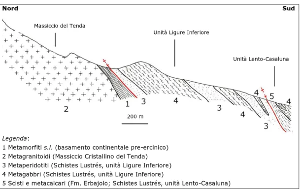 Fig.  6.4:  Sezione  geologica  attraverso  il  Massiccio  Cristallino  del  Tenda  e  le  soprastanti  unità  ofiolitiche  degli 